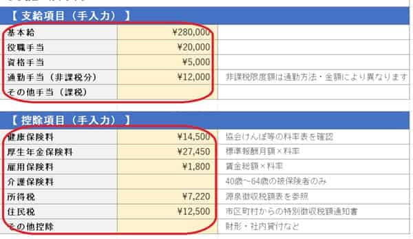 給与明細書テンプレート（入力例、計算例）